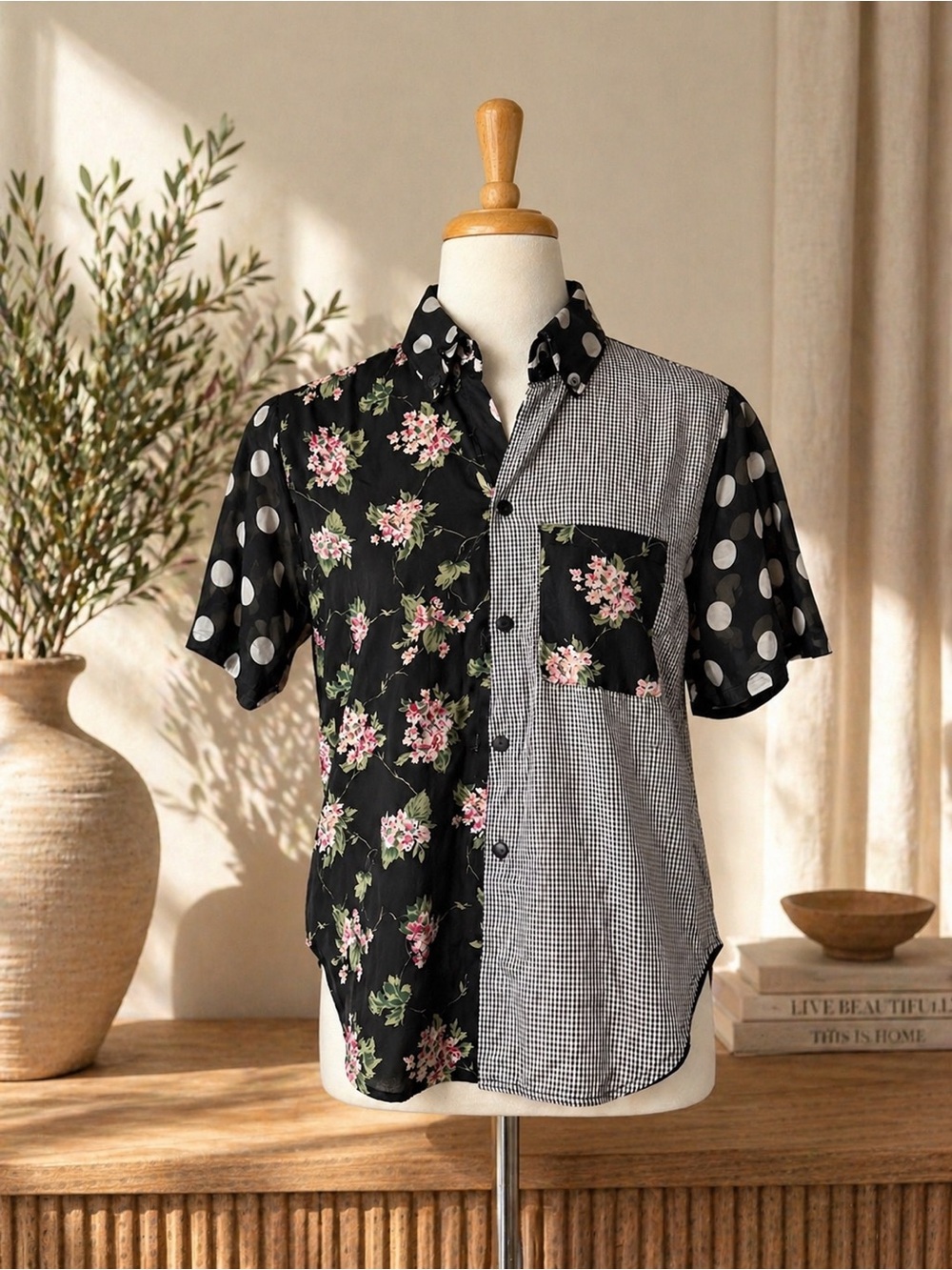 Vintage Mixed-Print Short Sleeve Blouse in Black with Pink Floral
